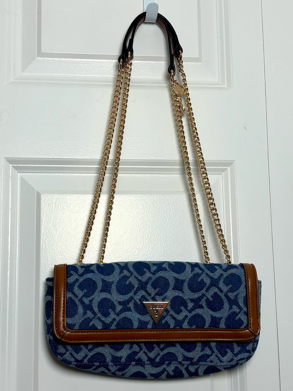 Guess Blue Denim-Pattern Crossbody with Brown Trim and Gold Chain